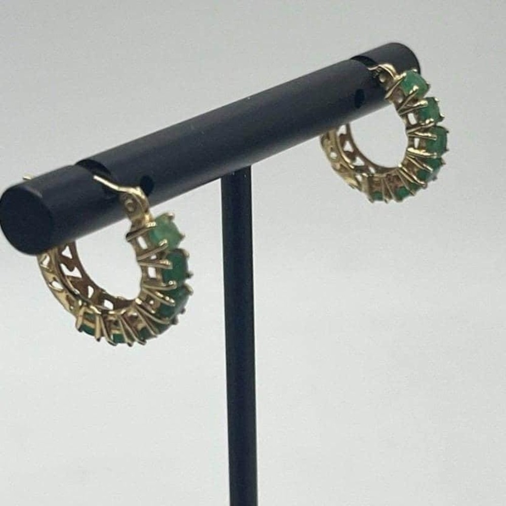 MEXICO Designer Green Emerald 14k Yellow Gold 585 Filigree Huggie Hoop Earrings